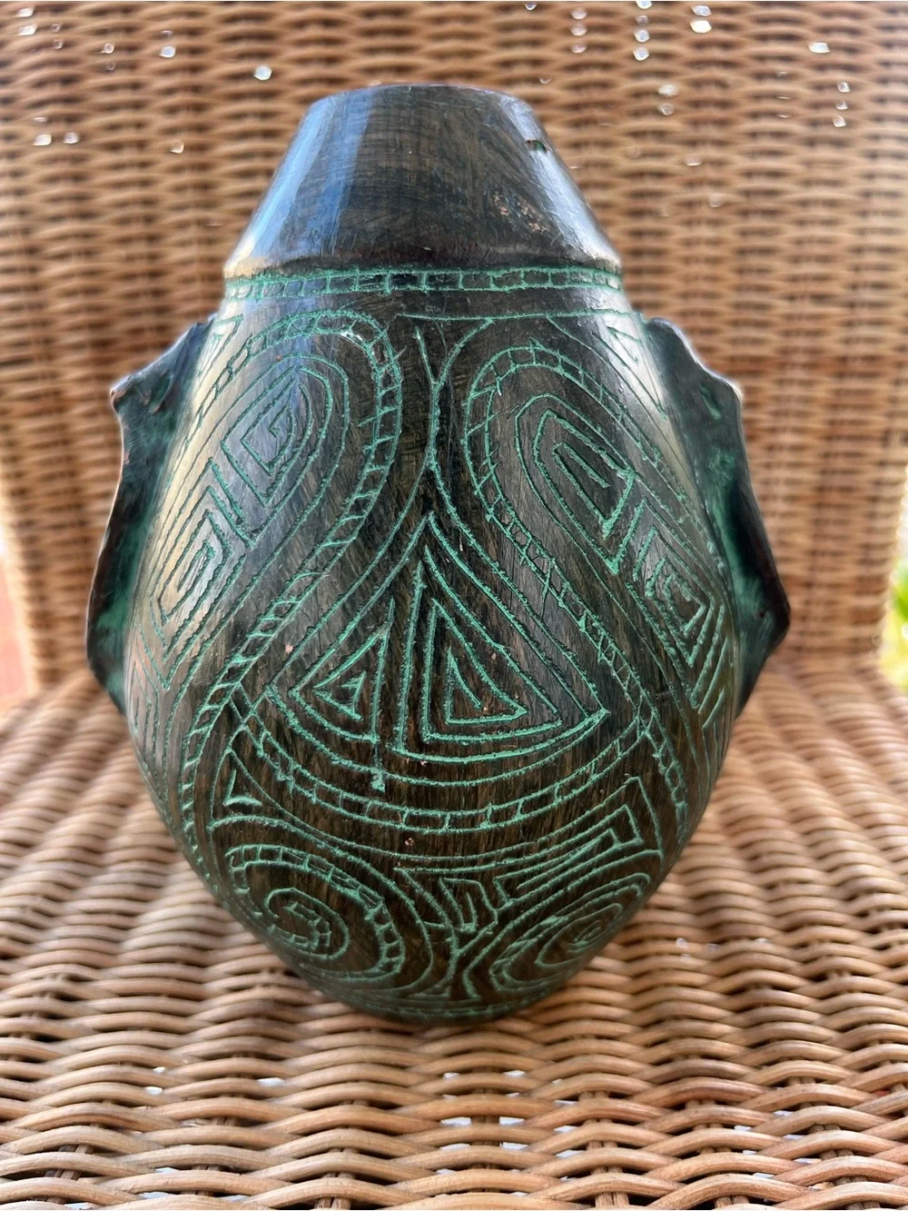 Vintage Marajoara Pottery Face Vase Brazil Amazonian Tribal Carved Geometric
